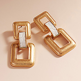 Vintage Square Link Chain with Embossed Faux Leather Earrings