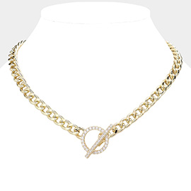 14K Gold Plated CZ Stone Paved Toggle Necklace