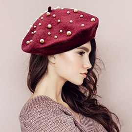 Pearl Embellished Tam Beret Hat