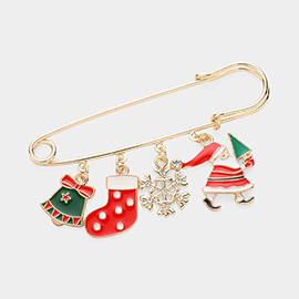 Enamel Christmas Bell Socks Santa Snowflake Charm Safety Pin Brooch