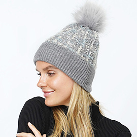 Tweed Look Pom Pom Knit Beanie Hat