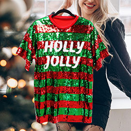 HOLLY JOLLY Message Christmas Sequin Jersey Top