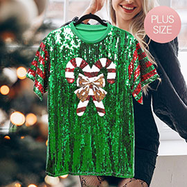 Plus Size Christmas Candy Cane Sequin Jersey Top