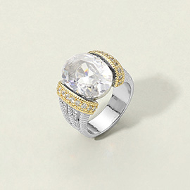 Oval CZ Stone Accented Two Tone Ring