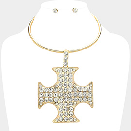 Stone Paved Cross Pendant Pointed Statement Necklace