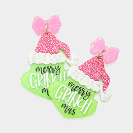 Glittered Resin Merry Grinch Mas Message Dangle Earrings