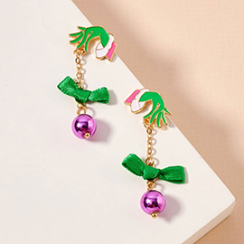 Enamel Green Monster Hand Bow Bell Dropdown Earrings
