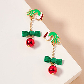 Enamel Grinch Hand Bow Bell Dropdown Earrings