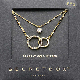 SECRET BOX_14K Gold Dipped Stone Bezel Stone Paved Double Open O Pendant Layered Necklace