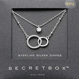 SECRET BOX_Sterling Silver Dipped Stone Bezel Stone Paved Double Open O Pendant Layered Necklace