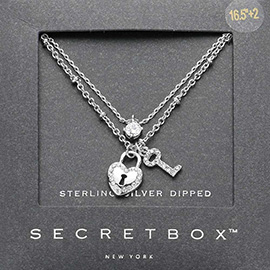 SECRET BOX_Sterling Silver Dipped Stone Bezel Stone Paved Lock Key Pendant Layered Necklace