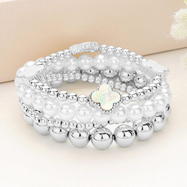 4PCS - Quatrefoil Pointed Metal Ball Pearl Beaded Stretch Multi Layered Bracelets