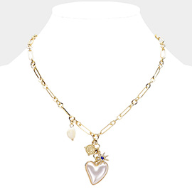 Pearl Heart Pendant Multi Charm Pointed Necklace