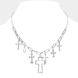 Stone Paved Cross Charm Station Paperclip Chain Necklace