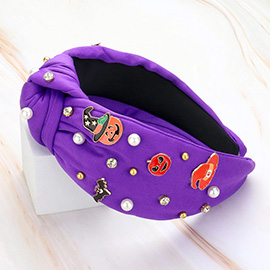 Enamel Halloween Charm Stone Cluster Embellished Knot Headband