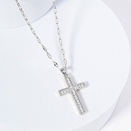 White Gold Dipped CZ Stone Paved Cross Pendant Necklace