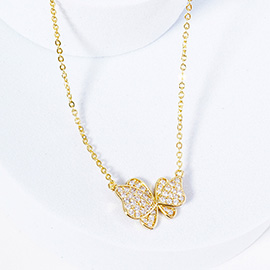 Gold Dipped CZ Stone Paved Butterfly Pendant Necklace