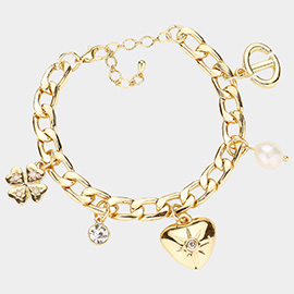 Metal Clover Stone Cluster Heart Pearl Charm Cuban Chain Bracelet