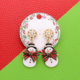 Pearl Bow Pointed Enamel Christmas Snowman Dangle Earrings