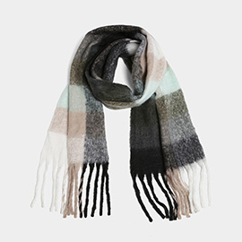 Checkered Oblong Scarf with Fringe