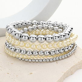 5PCS - Metal Ball Pearl Beaded Stretch Multi Layered Bracelets