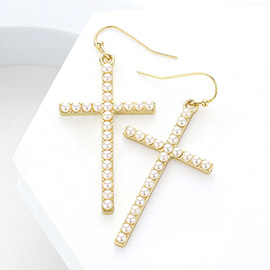 Gold Dipped Pearl Cross Dangle Earrings