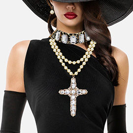 Chunky Oversized Cross Pendant Pointed Glass Stone Cluster Accented Leopard Choker Pearl Layered Statement Necklace