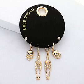 SECRET BOX_Gold Dipped Halloween Metal Skeleton Stone Stud 3 Pairs Earring Set