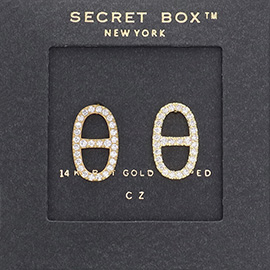 SECRET BOX_14K Gold Dipped CZ Stone Paved Double D Stud Earrings