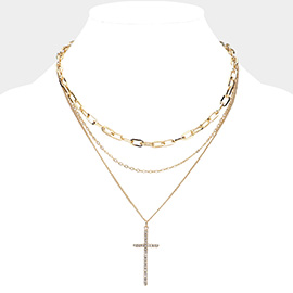 Stone Paved Cross Pendant Pointed Triple Metal Chain Layered Necklace