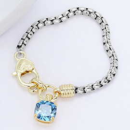 Cushion Cut CZ Stone Charm Pointed Two Tone Bracelet