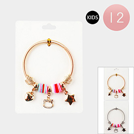 12PCS - Kids Stone Paved Cat Metal Star Heart Charm Pointed Heishi Beaded Stretch Bracelets