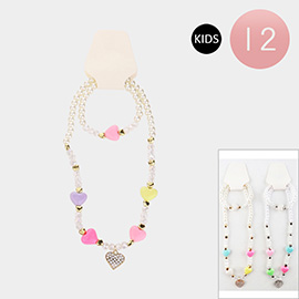 12PCS - Kids Stone Paved Heart Pendant Pointed Heart Beaded Stretch Necklace Bracelet Set