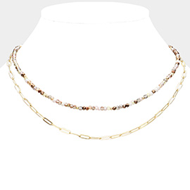 Faceted Beaded Metal Paper Clip Chain Layered Necklace