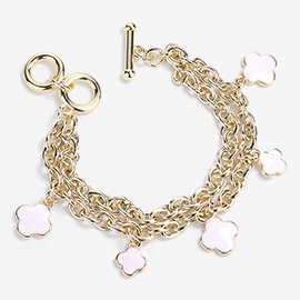 14K Gold Plated Enamel Quatrefoil Charm Station Double Chain Toggle Bracelet