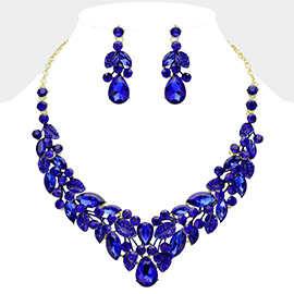 Teardrop Stone Cluster Pointed Marquise Stone Embellished Leaves Evening Necklace