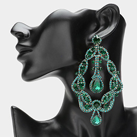 Oval Stone Cluster Pointed Rhinestone Paved Chandelier Evening Earrings