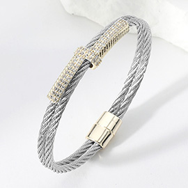 CZ Stone Paved Abstract Bar Pointed Two Tone Cable Magnetic Bracelet