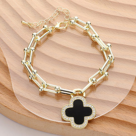 14K Gold Plated CZ Stone Paved Rim Quatrefoil Charm Hardware Link Bracelet