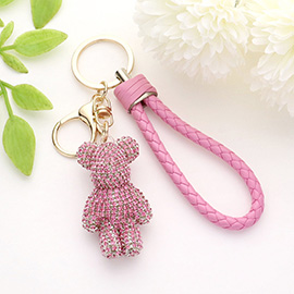 Bling Bear Figure Faux Leather Strap Keychain