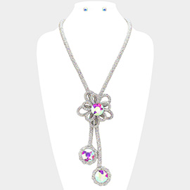 Round Stone Pointed Bling Studded Flower Pendant Long Necklace