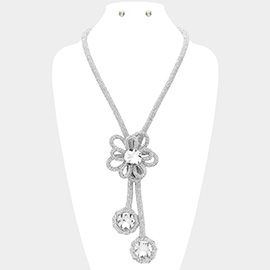 Round Stone Pointed Bling Studded Flower Pendant Long Necklace