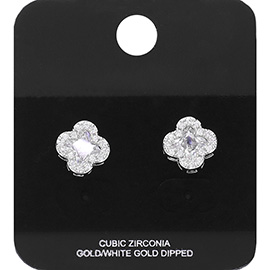 White Gold Dipped CZ Stone Quatrefoil Mini Stud Earrings