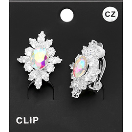 CZ Oval Stone Pointed Marquise Round Stone Trimmed Clip On Earrings