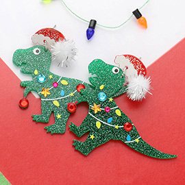 Glittered Resin Pom Christmas Dinosaur Dangle Earrings