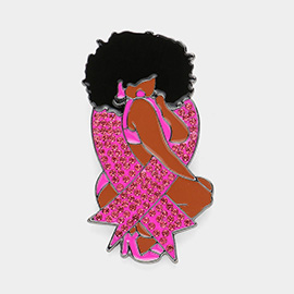 Pink Ribbon Accented Enamel Metal Afro Girl Pin Brooch