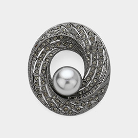 Pearl Pointed Stone Paved Open Swirl Pin Brooch