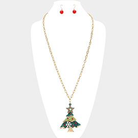 Pearl Stone Pointed Glittered Resin Christmas Tree Pendant Long Necklace