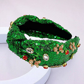 Stone Cluster Gingerbread Man Embellished Sequin Knot Headband