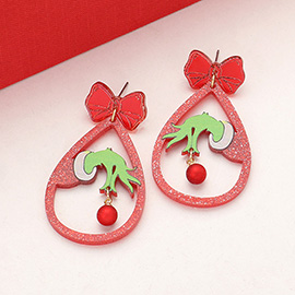 Glittered Resin Christmas Grinch Hand Teardrop Dangle Earrings